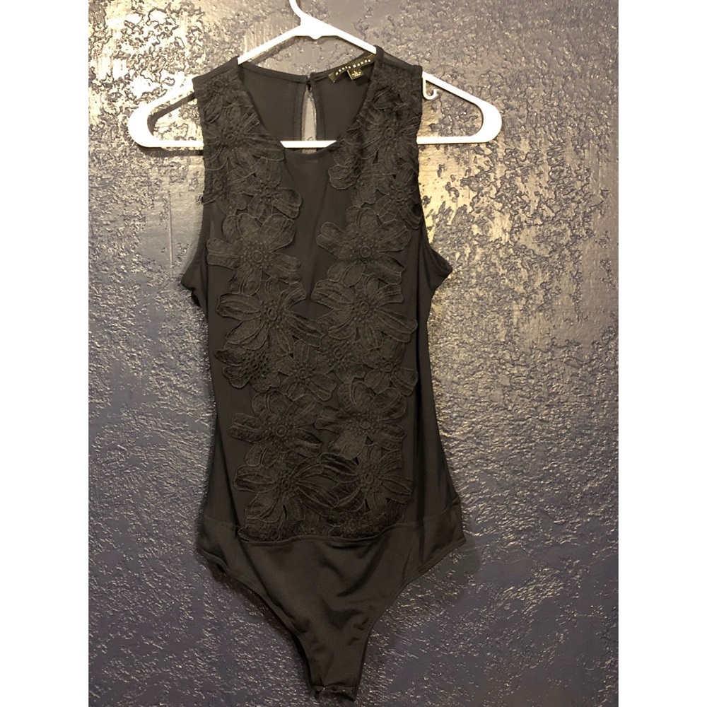 Navy Blue Haute Monde mesh embroidered bodysuit